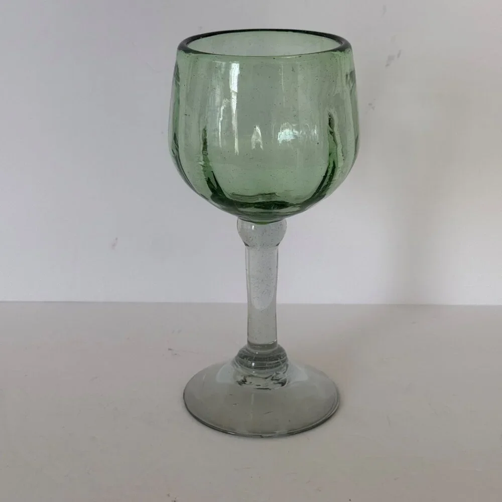 Vintage Mexican Green & Clear Handblown Wine Glass Goblet 8